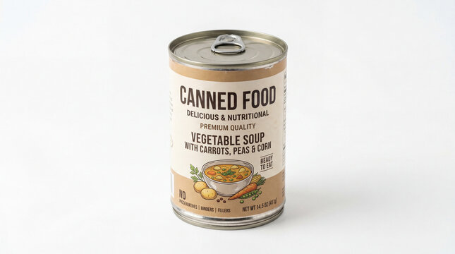 Metal can of vegetable soup with carrots peas and corn on white background studio lighting