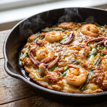 seafood pancake,korean pancake,seafood dish,fried dish,korean food,snack,food dish,korean cuisine,meal option,food culture,delicious dish,food style,casual dining,meal item,food experience,pan fried f