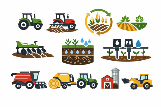 Agricultural Vector Icon Set Featuring Tractors, Plowing, Crop Rotation, Soil Management, Irrigation Systems, Combine Harvesters, Hay Balers, and Farm Buildings for Modern Farming and Agribusiness
