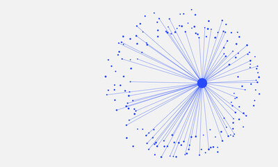 Plakat Abstract blue radial network diagram with a central hub node connected by lines to scattered dots of varying sizes on a light gray background in minimal vector style.