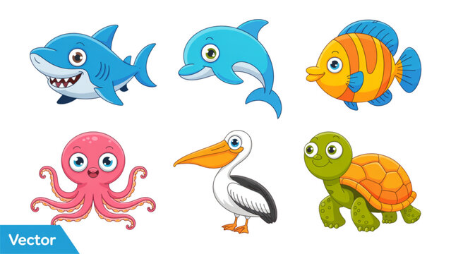 Colorful cartoon sea creatures swimming in a playful underwater scene Vector