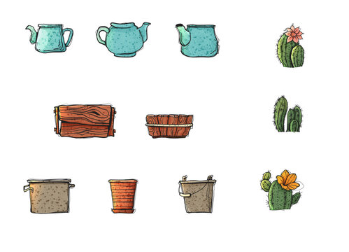 Watercolor Style Vector Set Planters Teapots Wooden Boxes Metal Pots Cacti Elements Hand Drawn