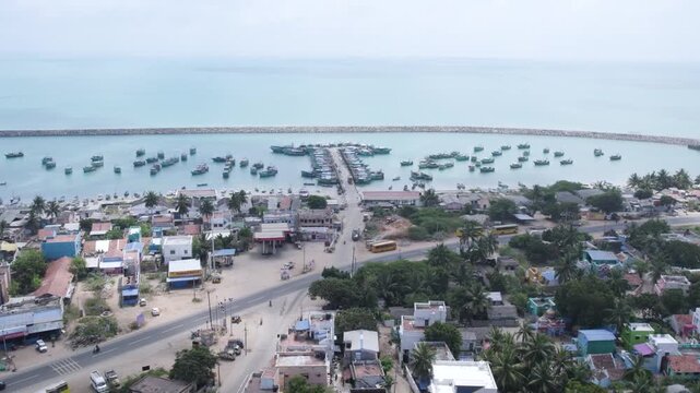 Aerial View of Busy Fishing Harbour with Boats in Rameswaram