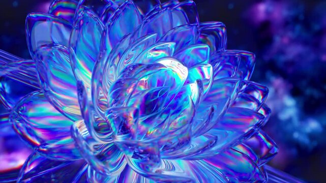 Luminous blue diamond lotus flower rotating in a slow, seamless loop against a dark, cosmic background, reflecting brilliant, iridescent colors and mystical light in a captivating motion