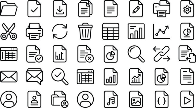 Document and Office Icon Set with Files, Analytics, Communication and User Interface Symbols in Clean Outline Vector Style for UI Design