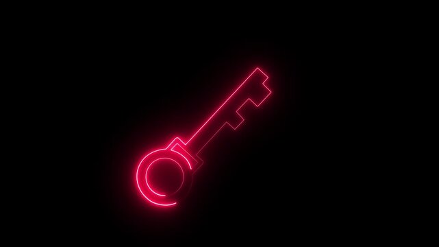 Glowing neon line Key icon isolated on black background. security privacy password protection safety animated. Neon red key Animation on Black Background. 4K Video motion graphic