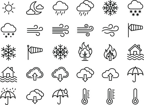 Weather and Disaster Icon Set with Snow, Wind, Rain, Fire, Flood and Temperature Symbols in Minimal Outline Vector Style for UI Design