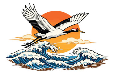 Obraz premium Traditional japanese style illustration of a red-crowned crane depicting soaring over powerful ocean waves and a rising sun for asian art and natural beauty
