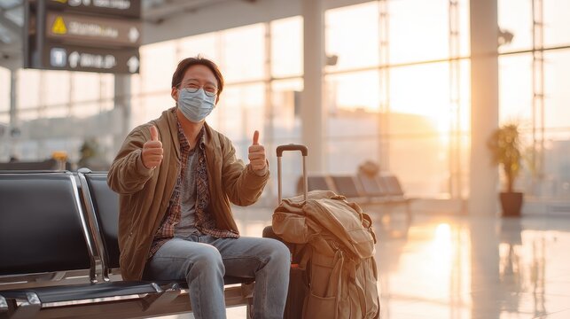 Happy traveler in a face mask giving a thumbs up, seated on a social distancing chair with luggage in a reopened travel setting
