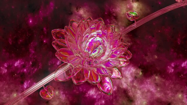 Abstract animation showing a shimmering pink crystal lotus flower with heart-shaped buds slowly rotating against a mesmerizing cosmic nebula background with twinkling stars and interstellar clouds