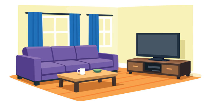 Flat design illustration of a living room depicting home furniture and decor for a cozy interior