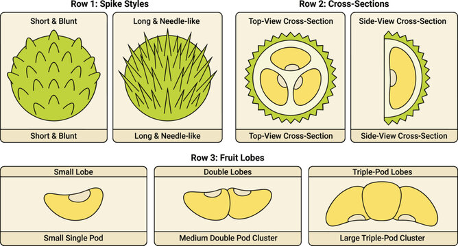 Durian Fruit Anatomy Infographic with Spike Styles, Cross Sections and Pod Lobes Comparison Diagram in Educational Flat Vector Illustration Style