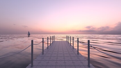 Floating Modular Dock Extending into the Ocean at Pink Sunset with Sailboat © Fox_Dsign