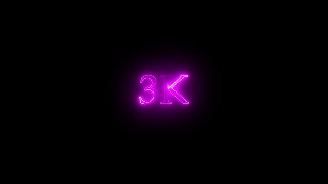 A dynamic motion, and glowing neon number 3k animation .Glowing neon line 3k Ultra HD icon isolated on black background. neon flowers and flowing growth concept