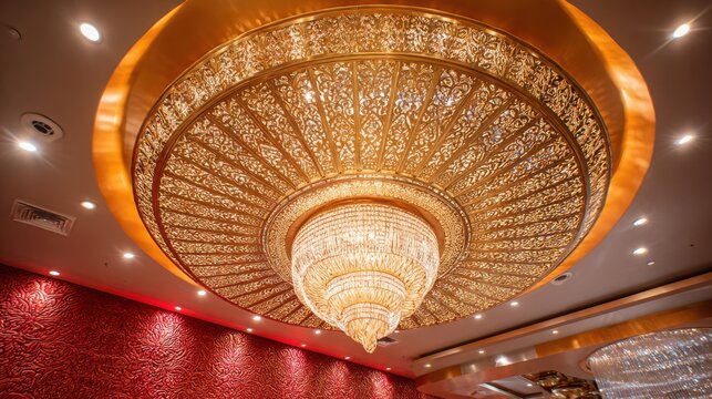 Ornate gilded ceiling chandelier with intricate filigree work and crystal accents