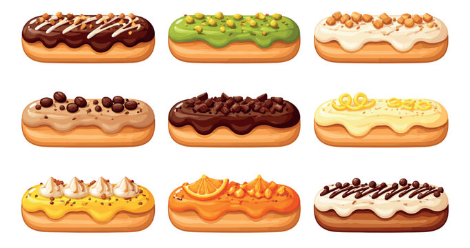 Delicious vector eclair set featuring various flavors and toppings for dessert menus