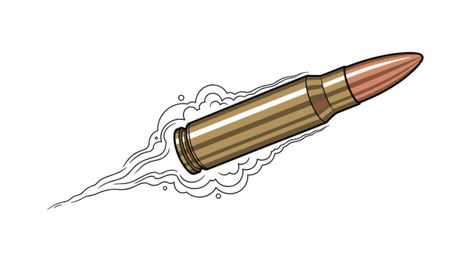 High velocity rifle bullet flies through the air leaving a trail of smoke and air displacement in a realistic and dynamic illustration.