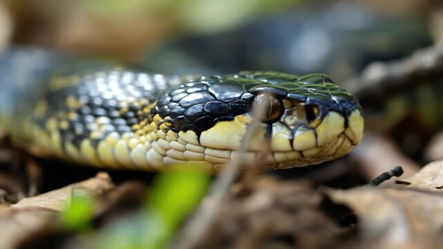 Close-up of a black and yellow snake's head emerging from dry leaves.