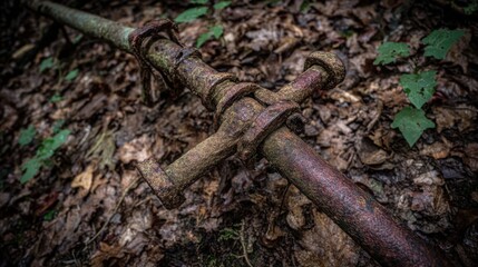 Fototapeta premium A heavily rusted iron pipe joint rests on dry leaves, evoking a sense of industrial decay and nature's reclamation.