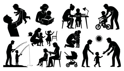 Fototapeta premium Silhouette illustrations of parents bonding with children through various daily activities and moments. Parenting & Child Development Moments