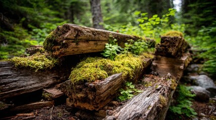 Fototapeta premium Ancient moss-covered wooden logs in a lush forest environment, showcasing natural decay and vibrant growth