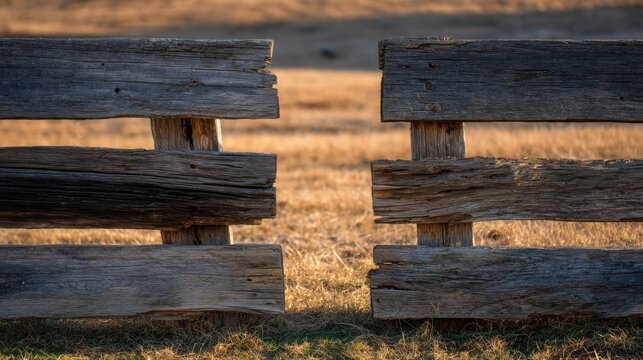 Weathered Wooden Split Rail Fence Barrier with Gaps in Golden Field