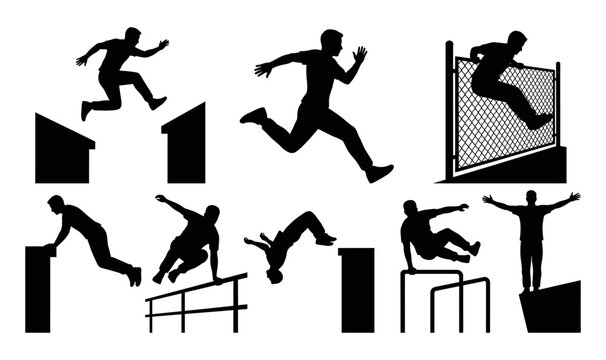Dynamic black and white silhouettes of athletes performing obstacle course challenges and parkour