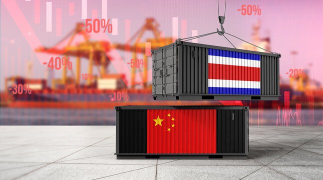 Trade Winds: A stark visual representation of international trade, with shipping containers adorned with the flags of Costa Rica and China suspended against a backdrop of global economic indicators.