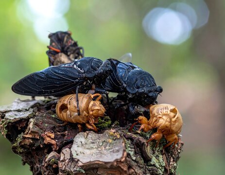 Close-up of cicadas emerging, with discarded exoskeletons, perched on a rustic tree stump in a blurred natural setting