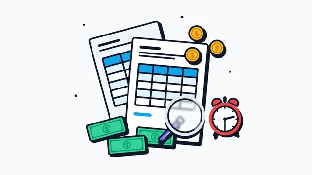 Business Accounting Concept with Financial Spreadsheet Documents Magnifying Glass Alarm Clock and Money