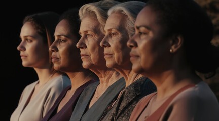 Fototapeta premium Five women in profile show different ages and races. Oldest woman has white hair, younger women have dark hair. They stand together. Each woman looks forward.