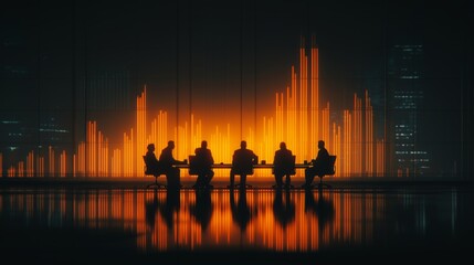 Fototapeta premium Business meeting silhouette with glowing financial chart backdrop showing corporate strategy, planning, growth and analytics concept