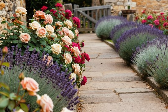 Stone path winds through colorful rose and lavender garden beds. Lush green foliage and blooming flowers create a beautiful natural scene. A rustic wooden fence borders the walkway.