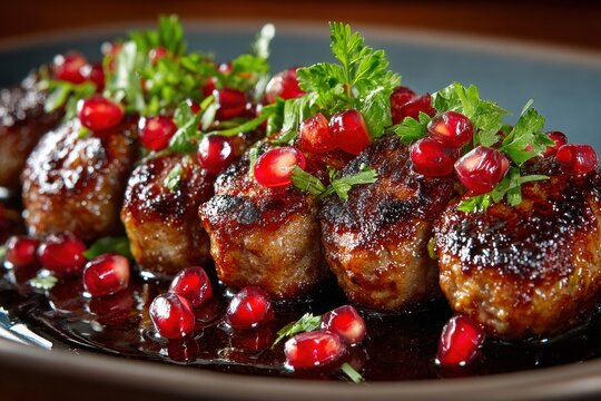 Deliciously glazed meatballs garnished with pomegranate seeds and pars
