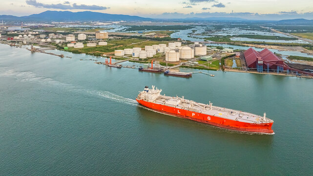 Aerial view LPG tanker ship at sea, LPG tanker ship at Cai Mep port, Ba Ria Vung Tau, Ho Chi Minh City, Vietnam. Logistic and maritime transportation of petroleum, terminal loading tanker ship