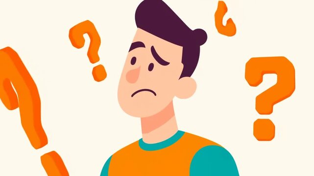 Slow zoom in on puzzled young man illustration surrounded by large floating question marks on plain light background