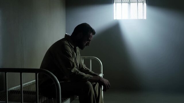 Static shot of man sitting on prison bed with bowed head under barred window light in sparse concrete cell moody low key lighting
