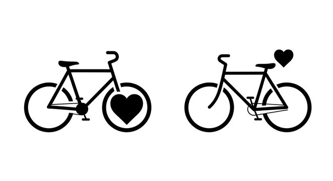 Black and white line of two bicycles with question mark and heart symbols bike