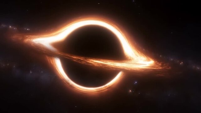 Slow tracking shot of glowing accretion disk orbiting black hole with gravitational lensing near event horizon in deep space galaxy