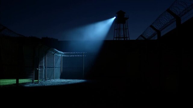 Panning slow tracking shot of prison watchtower searchlight sweeping over perimeter fence and empty yard of high security compound at night