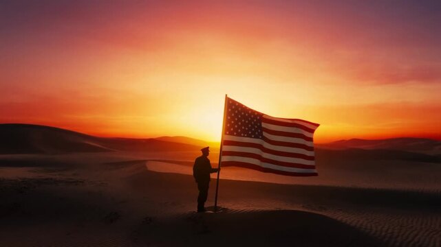 Tracking shot of man raising american flag and planting pole in desert dunes at sunset with slow pan silhouette