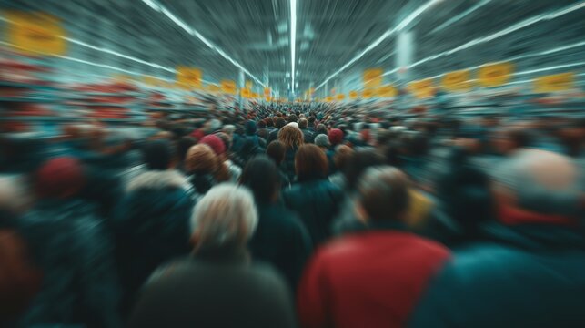 Crowded supermarket rush showing inflation consumer behavior and panic buying during rising prices