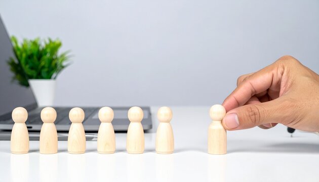 Hand lifting wooden peg figure from group.