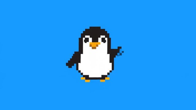 Static shot of pixel art penguin waving right flipper on solid blue background centered in frame with looped simple animation