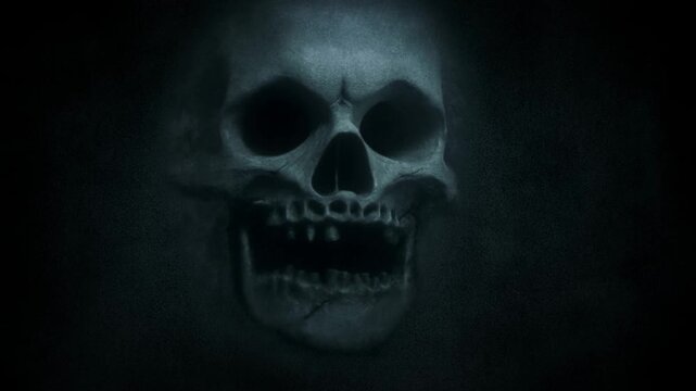 Slow dolly in on human skull emerging from swirling fog with dark smoky background and subtle low light in haunted interior setting