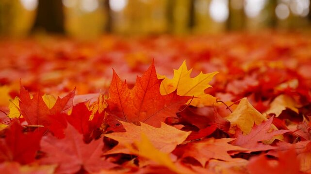 Slow motion close up of fallen maple leaves gently settling on forest floor in park with shallow depth of field and soft bokeh autumn colors