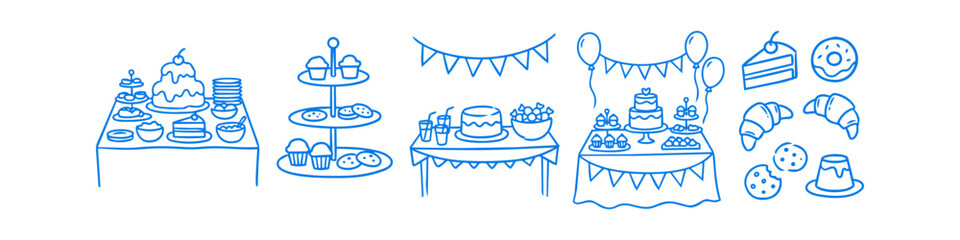 Blue line art doodle set of dessert tables, cakes, and sweets for parties and celebrations. Includes cupcakes, donuts, croissants, and tiered stands on white background. © Nort Kor