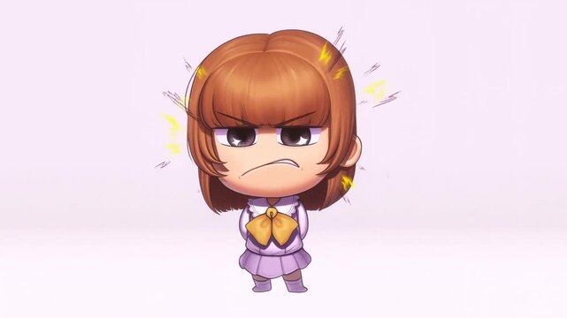 Static shot of chibi girl scowling and trembling with crossed arms and yellow bow in plain pastel studio background, minimal pink setting