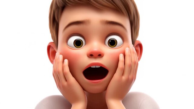 Static shot of animated boy gasping with hands on cheeks close up on white background in studio frontal view