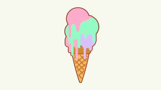 Static shot of ice cream cone melting and dripping in minimal studio illustration on plain offwhite background